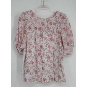 Parallel Skies Womens Floral Puff Sleeve Mixed Media Blouse White Pink‎ Large
